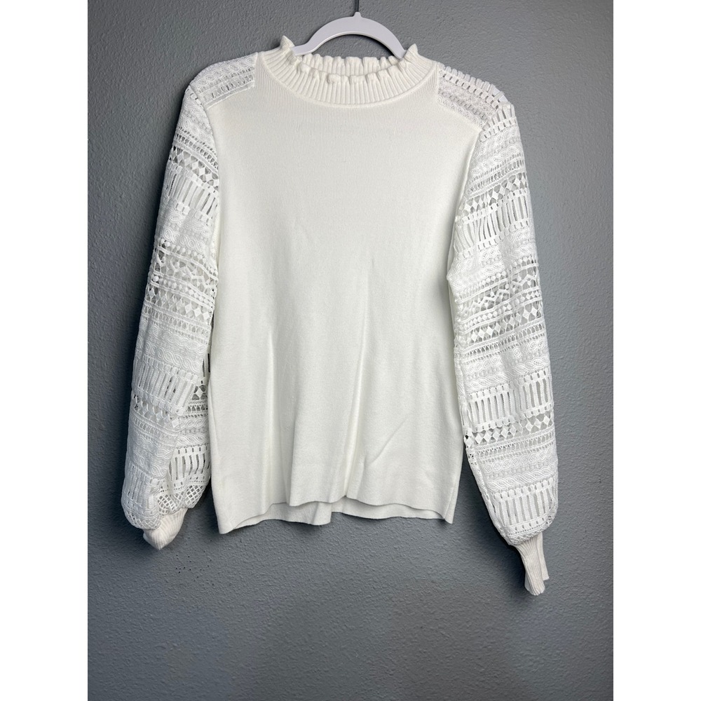 Siani Milano Med White Ruffle Mock Neck Crochet Lace Balloon Sleeve‎ Fairy Angel
